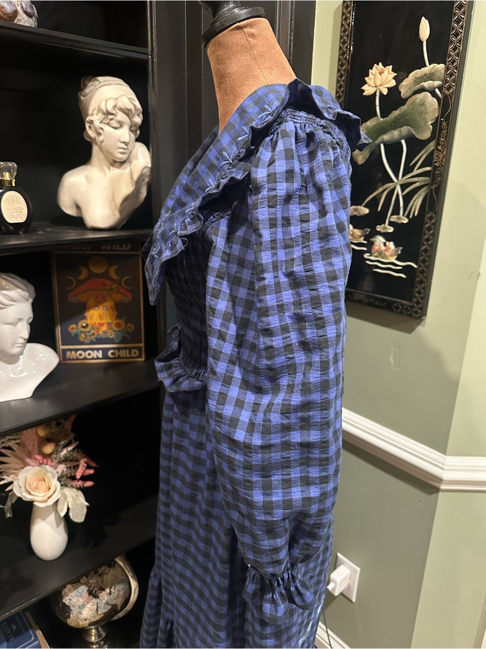 MANGO Blue & Black Gingham Smocked Babydoll Dress – Size 2 - Picture 8 of 16